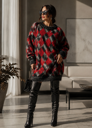 Мохеровый свитер-туника oversize • крупный ромб • очень тёплый ❤️🩶