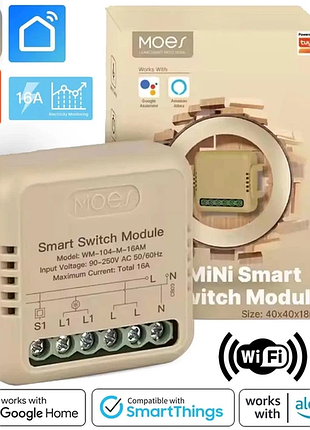 ⫸ одноканальне wifi реле moes 16a wifi mini diy smart light switch module relay (wm-104-m-16am) — мініатюрне реле на 16a, призначене для встановлення