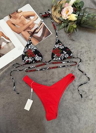 Збірний роздільний купальник низ плавки браг v подібні верх з чашками принт троянда на зав'язках