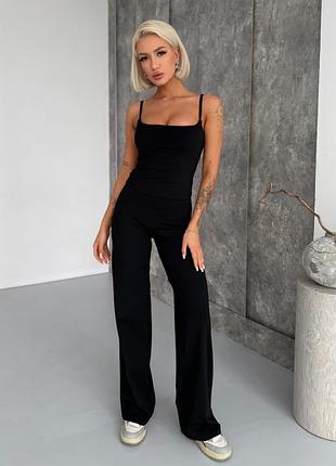 Спортивный женский костюм кalm fit (топ-майка с чашками + леггинсы палаццо) для йоги и фитнеса premium черный