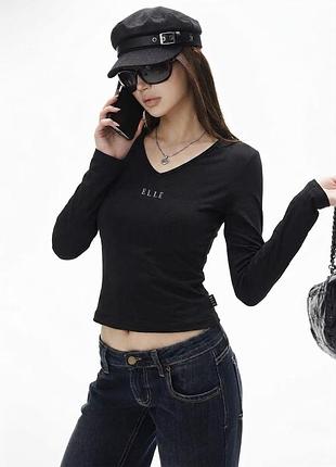 Elle жіночий чорний лонгслів кофта вкорочена лонг облягаючий v виріз з довгим рукавом по фігурі