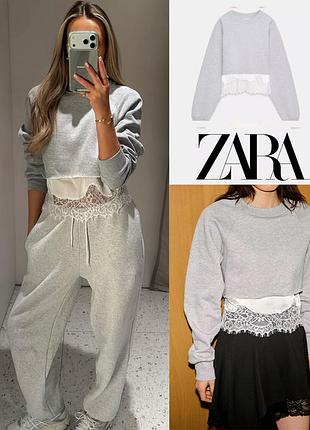 Трендовый укороченный свитшот zara с кружевом s-m