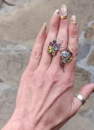 Серебряные серьги с натуральными микс самоцветами. 875 проба.