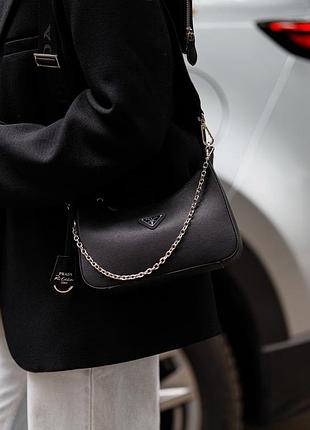 Prada re-mini black edition брендова жіночий чорна стильна сумочка з ланцюгом і ремінцем крута чорна сумка тренд