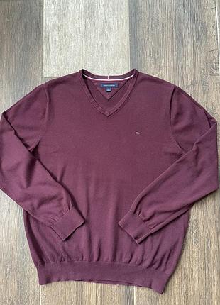Бордовий чоловічий пуловер tommy hilfiger 100% бавовна (оригінал, розмір xl).в прекрасному стані.