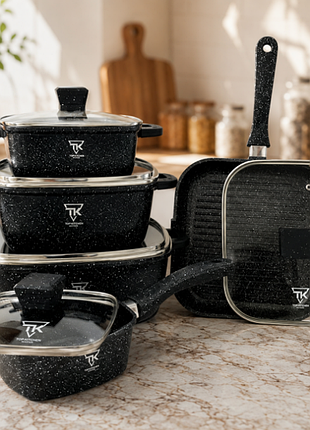 Черный набор посуды с гранитным антипригарным покрытием top kitchen tk-00205 10 предметов.