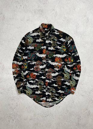 Чорна легка сорочка twin black dragon print, віскоза, літня, принт дракон, з принтом