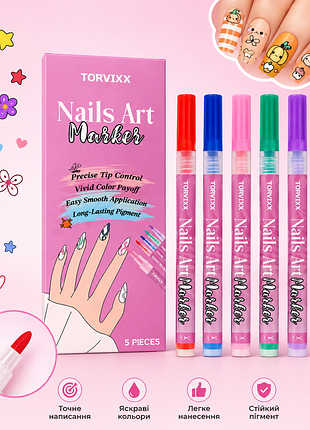Набір nails art marker  5 різнокольорових маркерів із тонкими наконечниками для створення детального дизайну нігтів та манікюру в домашніх умовах