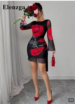 Сукня жіноча shein xl ефектна коротка сітчаста з довгими рукавами чорний принт червоні троянди