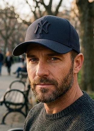 Мужская бейсболка new york фулка стрейчевая темно-синяя, закрытая кепка на резинке (коттон)