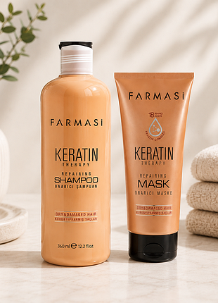 Набір farmasi keratin therapy для сухого та пошкодженого волосся — шампунь 360 мл + відновлювальна маска з кератином та 18 амінокислотами