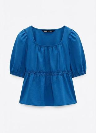 Синяя блузка zara с объемными рукавами и баской 💙✨
