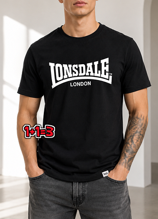 🎁1+1=3 фірмова чорна чоловіча футболка бавовна lonsdale, розмір 44 - 46