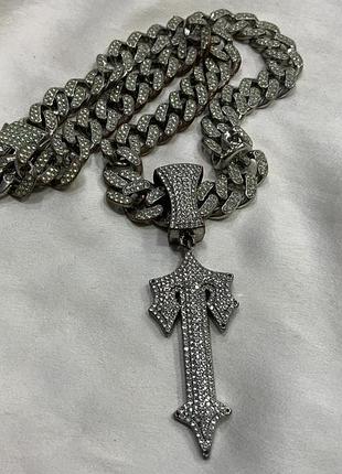 ⚡⛓️ масивне намисто-кубинський ланцюг trapstar irongate t з підвіскою-хрестом у стразах iced out / streetwear hip-hop cuban link chain 💎🖤