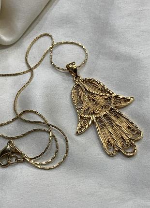 ✨🧿 позолочена підвіска-амулет «рука фатіми / хамса» у техніці філігрань на ланцюжку🪬✨
