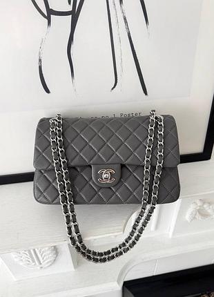 Шкіряна жіноча сумка cha@///nel grey silver. ch… classic double flap bag medium
