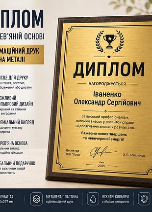 Диплом на металле на деревянной основе а4 - персонализированная награда с печатью логотипа и надписи