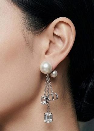 Серьги диор tribales chain & crystal silver люкс качество