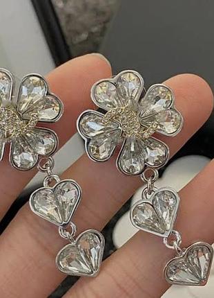 Серьги шанель crystal flower & hearts silver/gold люкс качество