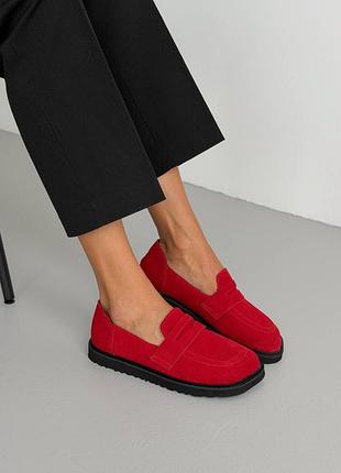 Лоферы женские красные замша / красные лоферы на черной подошве / красные лоферы с квадратным носком / красные лоферы barefoot