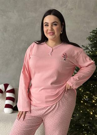 Жіноча ніжно рожева піжама plus size з мікрофлісу