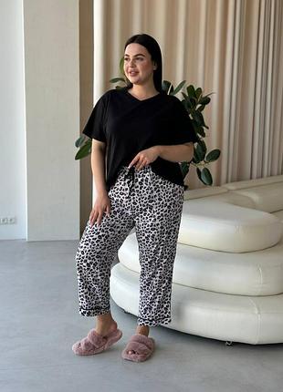 Черная женская пижама с леопардовым принтом plus size