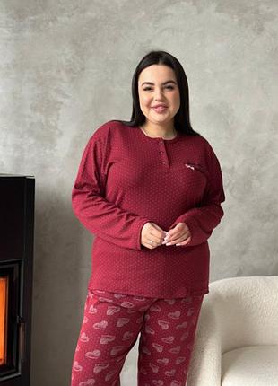 Тепла жіноча бордова піжама plus size з мікрофлісу
