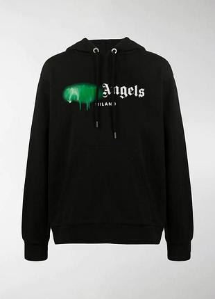 Толстовка чёрная palm angels green spray | худи палм анжелс | палм ангелс кенгуру s