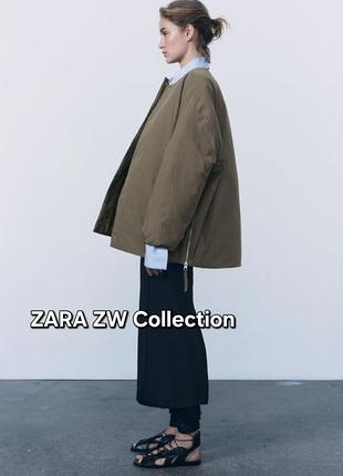 Демисезонная объемная куртка-пуховик zara zw collection с боковыми молниями (олива / хаки)
