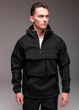 Мужской черный анорак softshell на флисе