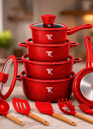 Красный набор посуды top kitchen tk00050l с мраморным покрытием, 10 предметов + кухонные принадлежности.
