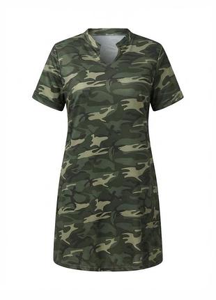 Платье камуфляжное shein curve батальное хаки милитари мини свободное с коротким рукавом