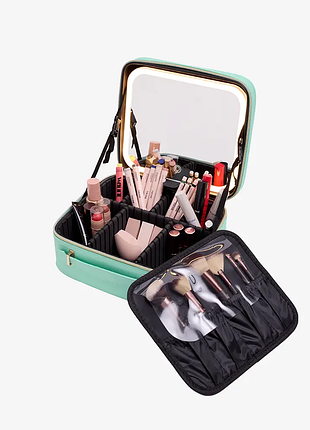 Бьюти-кейс мятного цвета с зеркалом и встроенной led-подсветкой