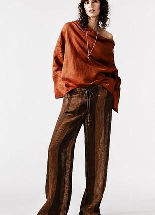 Zara штани широкі лляні льон в смужку висока посадка