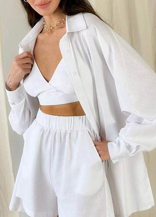 Костюм трійка жіночий білий s/m, l/xl льон сумішевий