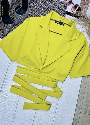 Короткий піджак zara l жовтий піджак з зав’язками вкорочений піджак топ зара