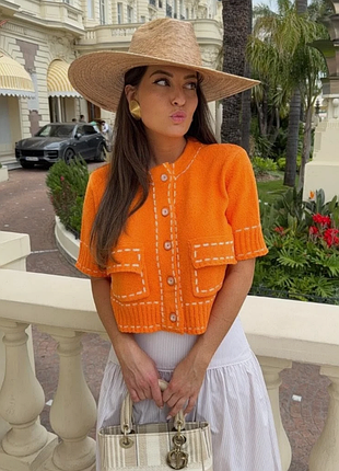 Zara кардиган з трикотажу з прошитим візерунком та короткими рукавами,помаранчевий🍊