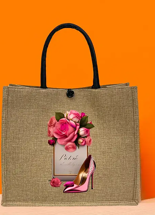 Гламурный экошопер jute bag с принтом розовые розы и туфля на каблуке идеально для модниц бежевая