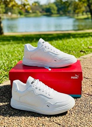 Чоловічі білі кросівки puma/білі шкіряні кеди пума з перфорацією