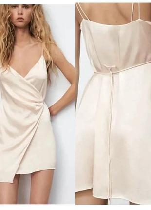 Атласна міні-сукня на запах від zara в білизняному стилі, розмір с