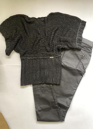 Стильный комплект total black: вязаный топ кофта летучая мышь с люрексом и джинсы с покрытием (под кожу) скинни