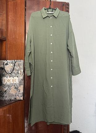 Стильна сукня-сорочка zara міді/максі (приглушений шавлієвий/хакі) — розмір l
