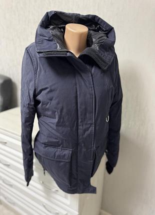 Темно-синій стильний функціональний жіночий натуральний пуховик zara куртка на пуху  парка водовідштовхувальна розмір від хс до л як оверсайз
