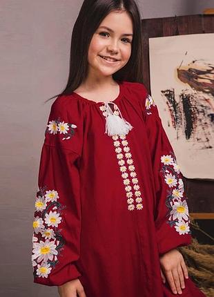 Вишита сукня moderika квіткова на бордовому льоні 152