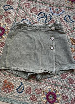Женские стильная джинсовая юбка-шорты zara в цвете хаки / оливковая юбка-шорты деним зара размер xs