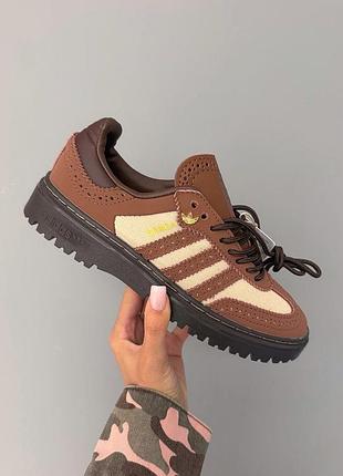 Крутезні жіночі кросівки лофери adidas samba wtr brown leather beige коричневі
