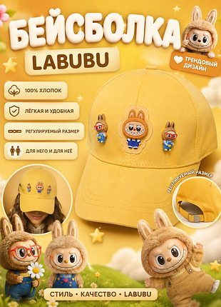 Дитяча жовта бейсболка з об'ємними фігурками labubu, 52-54 см