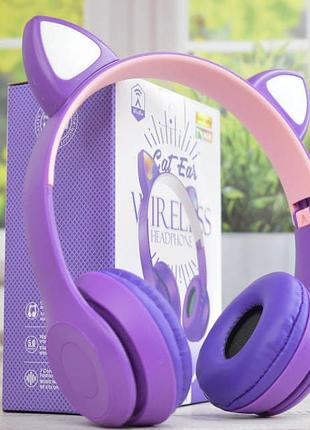 Навушники з вушками бездротові з підсвіткою bluetooth фіолетові