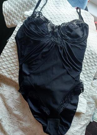 Черный трикотажный боди, комбидресс с драпировкой на ребрах, l/xl