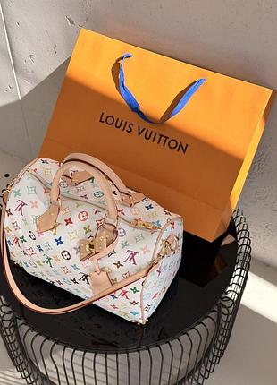 Женская сумка louis vuitton speedy soft 30 большая золото через плече белый моногам